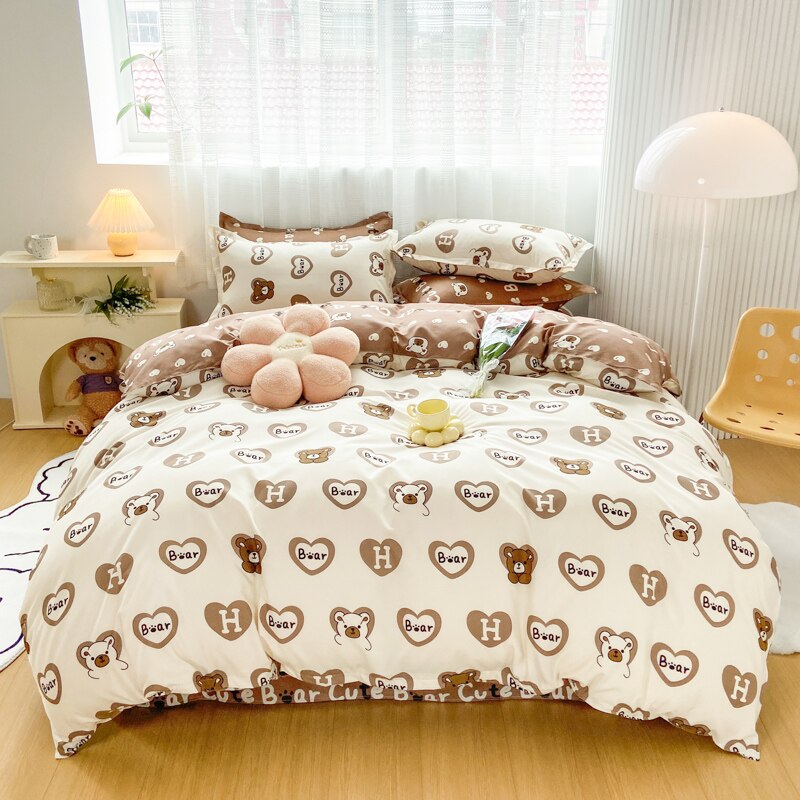 Kawaii brown bear and purple duck bedding set; includes duvet cover, flat sheet, and pillowcases; 100% premium polyester microfiber; reversible design.
