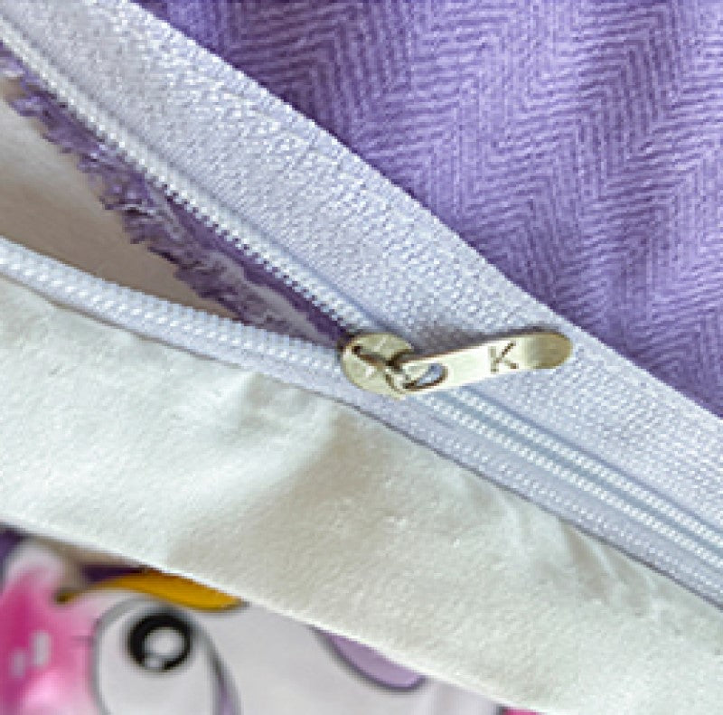 Purple and white kawaii bear and duck bedding set with zipper closure; 100% polyester microfiber.