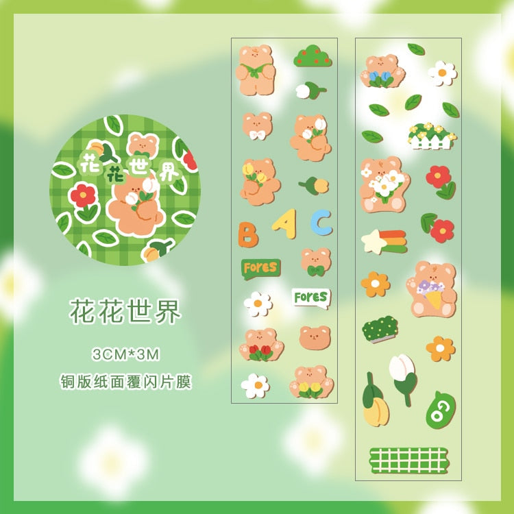 Kawaii bear floral masking tape; 1 roll, 25mm wide, 3m long, 2mm thick. Adorable bear designs with flowers & letters.