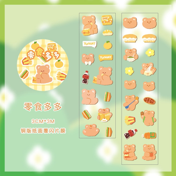 Kawaii bear-themed masking tape featuring food designs; 3m long, 25mm wide, 2mm thick.  Adorable stickers for journaling.