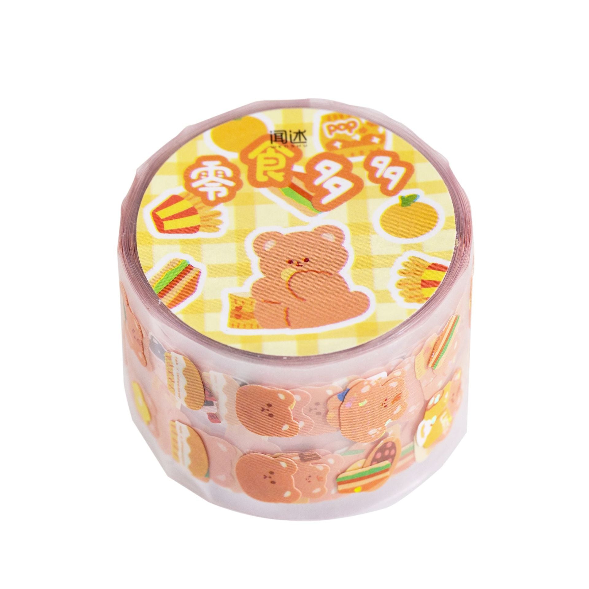 Adorable kawaii bear food-themed masking tape; 25mm wide, 3m long, 2mm thick; features cute bear stickers & food designs.