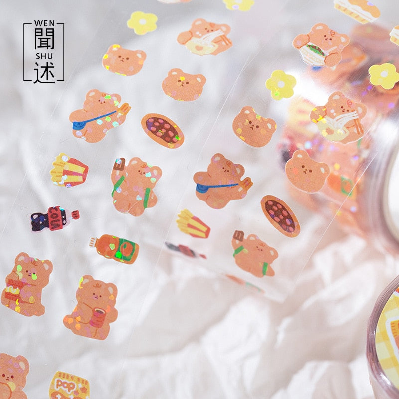 Kawaii bear sticker tape roll; 25mm wide, 3m long, 2mm thick masking tape with adorable bear & food designs.
