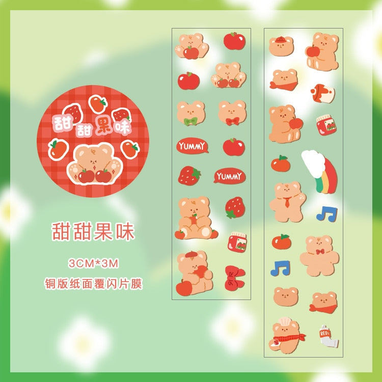 Kawaii bear fruit-themed masking tape; 1 roll, 25mm wide, 3m long; features adorable bear designs, strawberries, tomatoes.