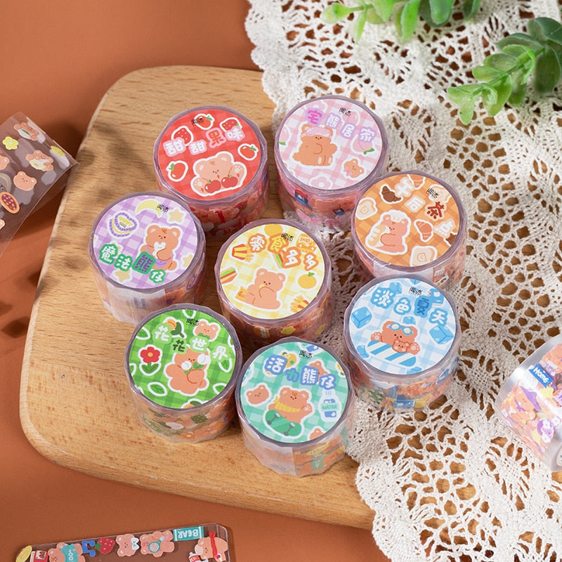 Ten rolls of 25mm x 3M kawaii bear-themed masking tape.  Each roll features different adorable bear designs and pastel colors. Perfect for crafting & decorating.