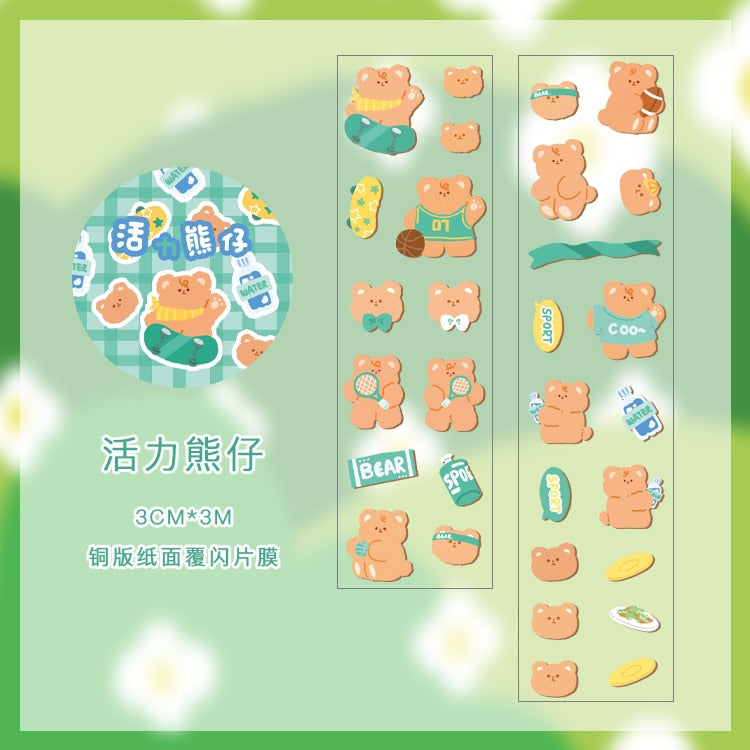 Kawaii bear sticker tape; 10 rolls, 25mm wide, 2mm thick, 3m long masking tape; pastel colors, adorable bear designs.