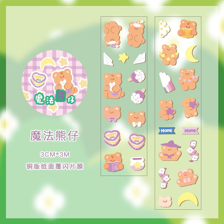 Kawaii bear club sticker tape; 1 roll, 25mm wide, 2mm thick, 3m long; pastel colors, cute bear designs, masking tape.