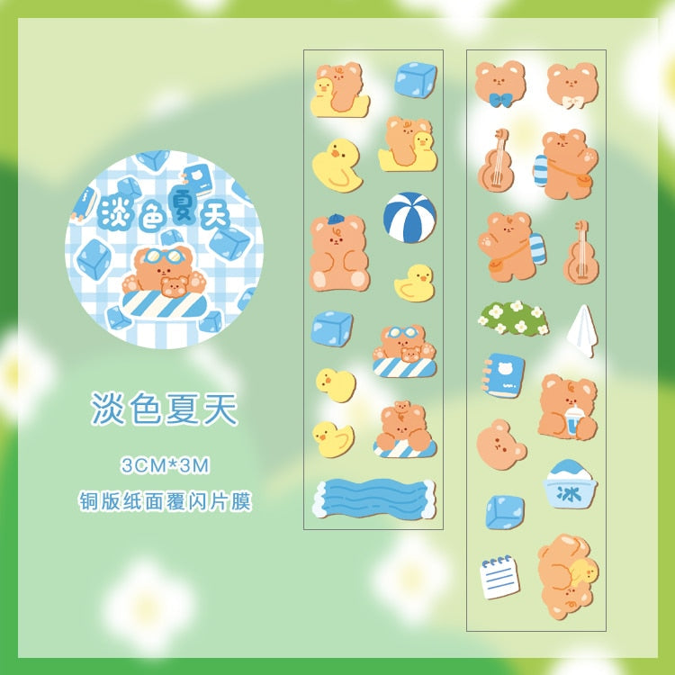 Cute kawaii bear summer theme sticker tape; 25mm wide, 2mm thick, 3m long masking tape with adorable bear designs.
