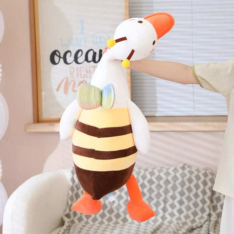 Adorable half bee half swan plush toy with rainbow wings, soft PP cotton filling, and multiple sizes.