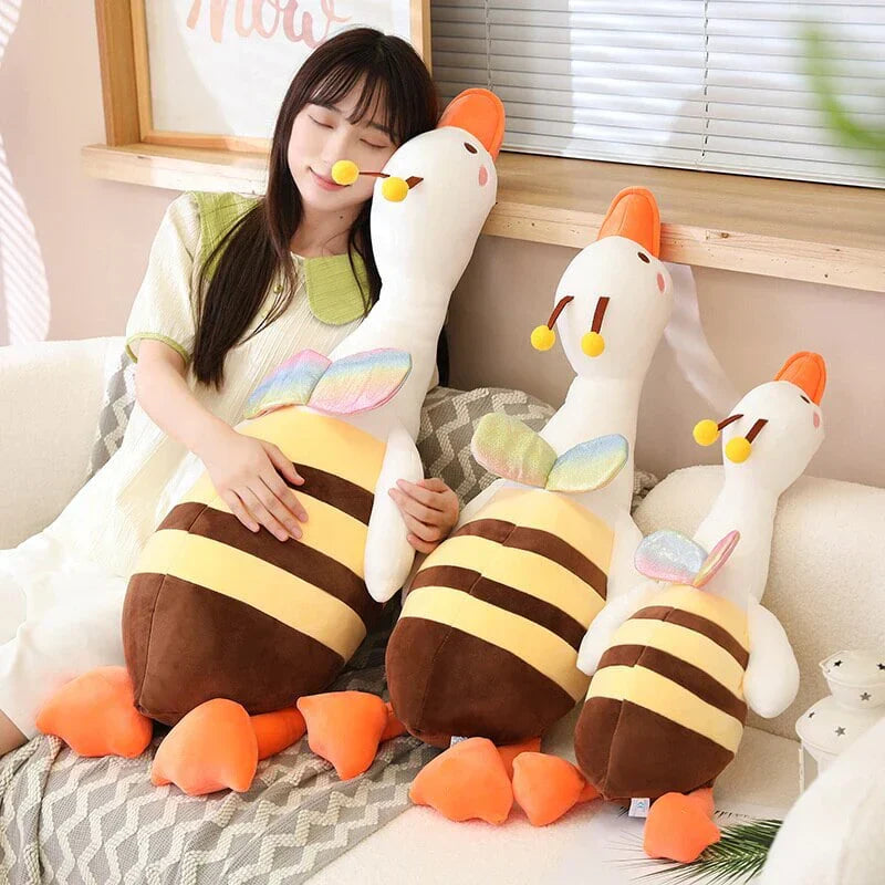 Kawaii half bee half swan plush toy with rainbow wings, PP cotton filling, and multiple sizes.  Soft, huggable, allergy-friendly.