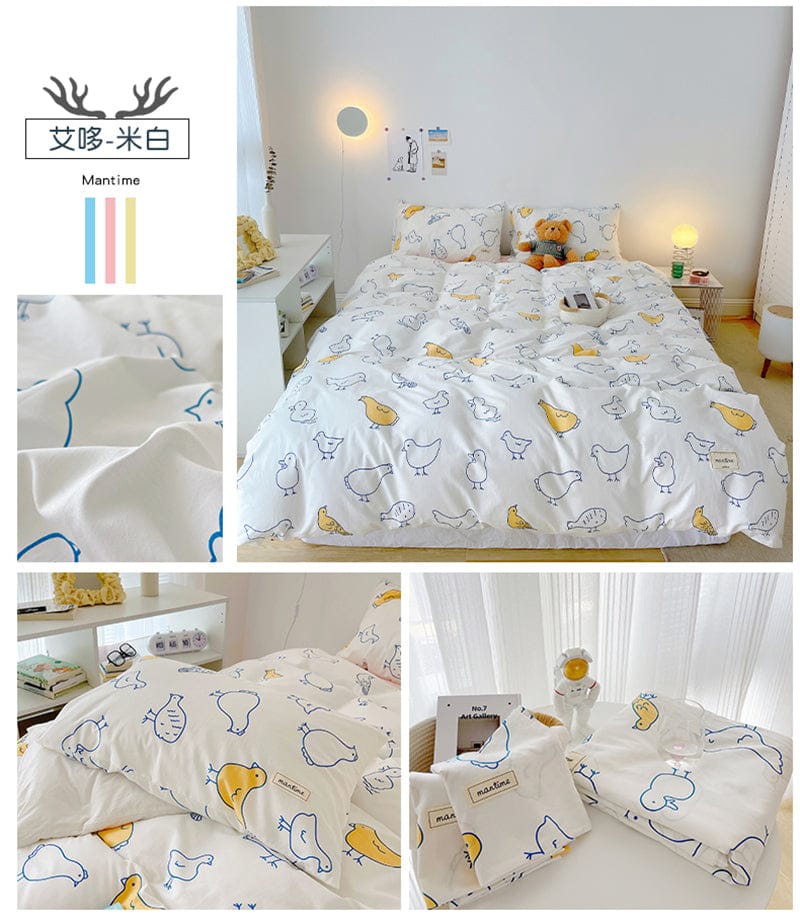 Kawaii bird cotton bedding set; white background with yellow & blue birds; twin, full, queen sizes; includes duvet cover, flat/fitted sheet, pillowcases.