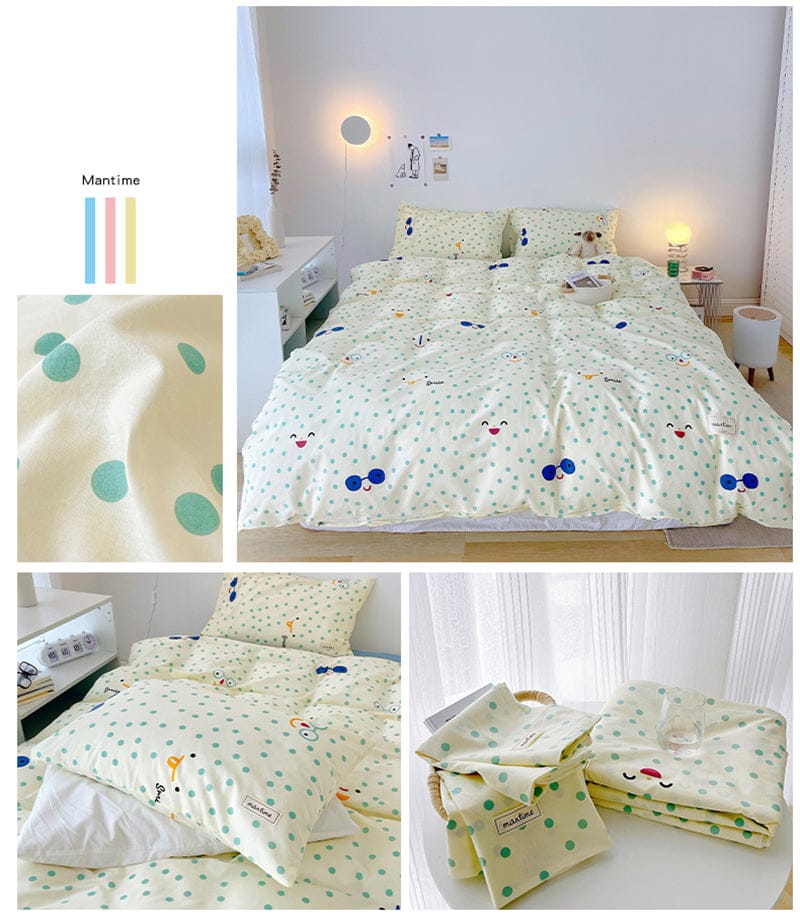 Cute kawaii bird cream cotton bedding set; features pastel green polka dots, soft 100% cotton, and multiple sizes.