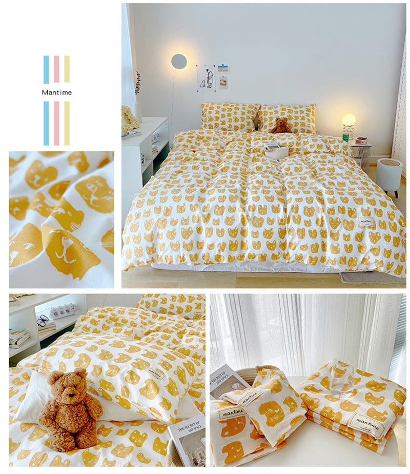 Cute mustard yellow kawaii bird cotton bedding set.  Includes duvet cover, flat sheet, fitted sheet & pillowcases.  Soft, breathable, and durable.