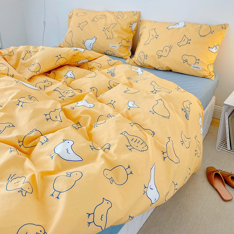 Yellow cotton kawaii bird bedding set. Adorable bird print, soft & comfy 100% cotton. Twin, Full, Queen sizes available.