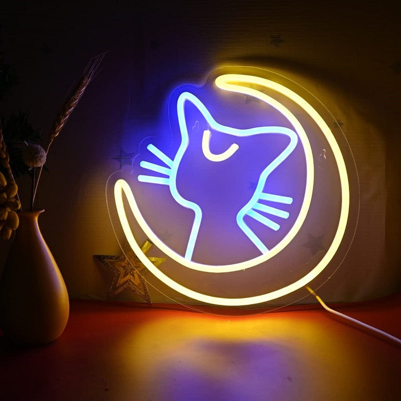 Kawaii anime cat neon sign; blue cat silhouette in yellow crescent moon; acrylic LED; USB powered; wall or tabletop decor.