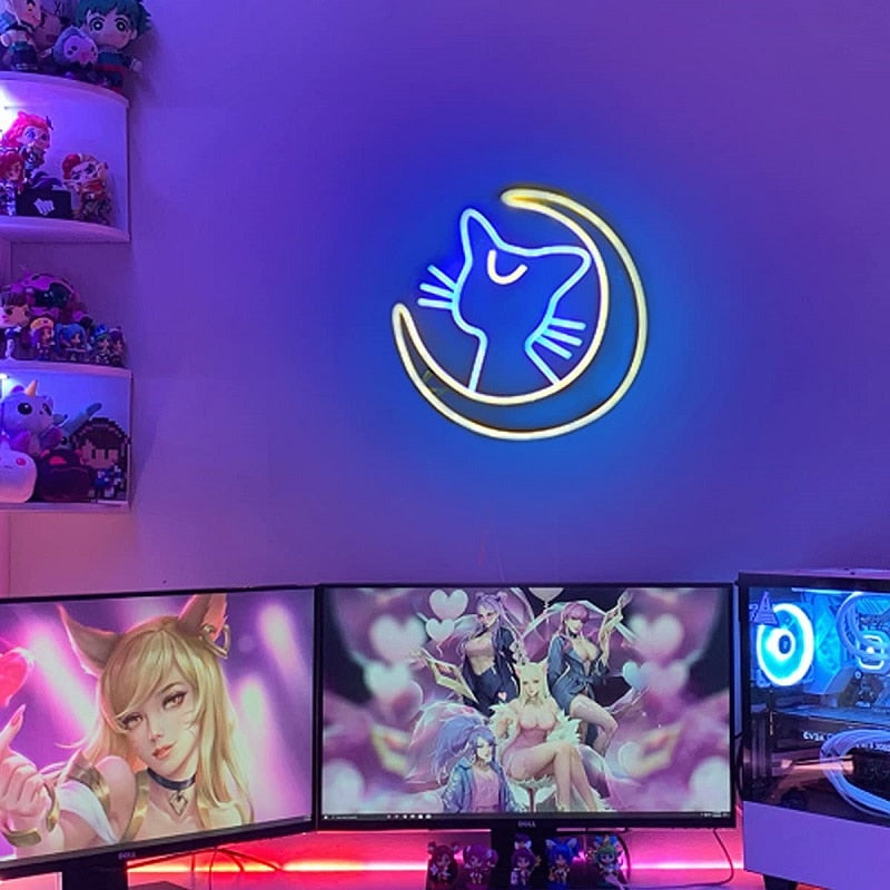 Kawaii blue neon cat moon LED sign; 30x30cm acrylic; USB powered; wall-mountable or tabletop; anime style.