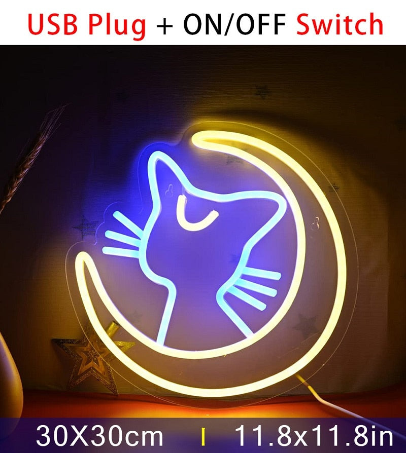 Kawaii blue neon cat on yellow moon LED sign; 30x30cm acrylic; USB powered; wall mountable or tabletop.