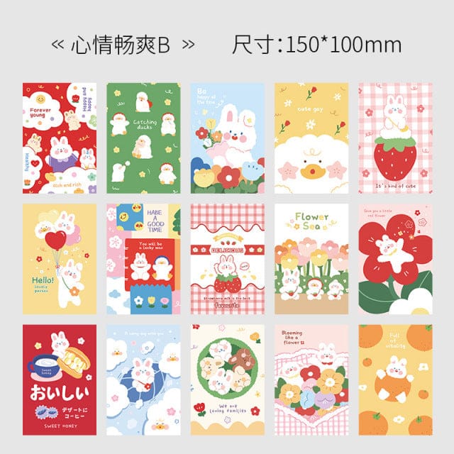 15 kawaii-style square wall cards; 150x100mm; cute bunny, fruit, flower designs; high-quality paper.