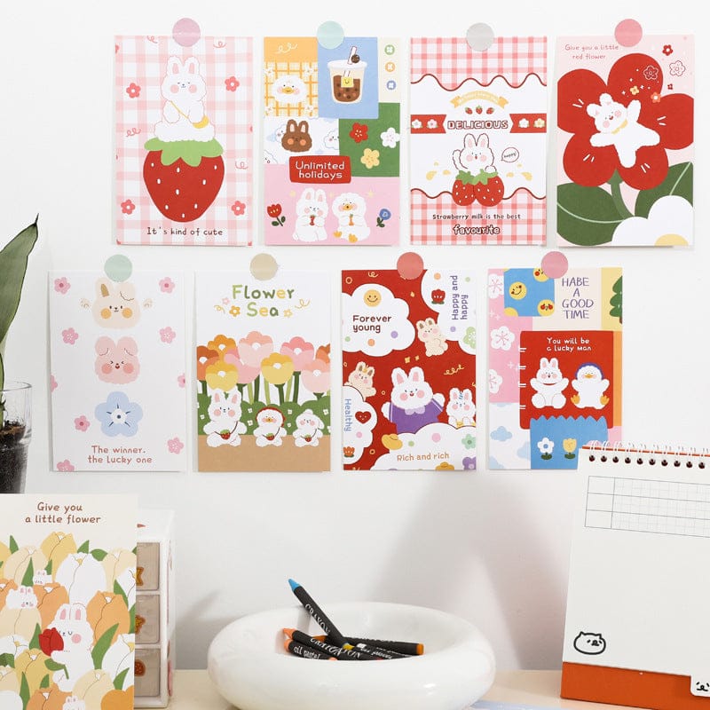 15 kawaii square wall cards; pastel colors; cute bunny, fruit, flower designs; high-quality paper; 15 x 10 cm.