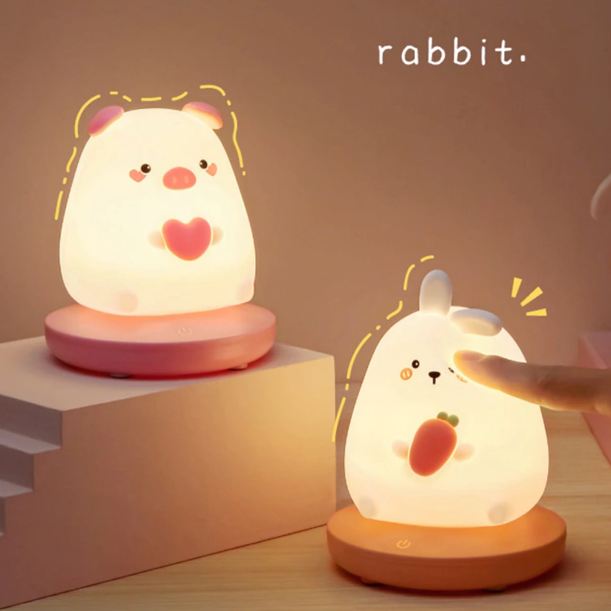 Kawaii silicone bunny and pig night lights; warm white LED, 3 brightness settings, USB rechargeable, 10hr battery life.