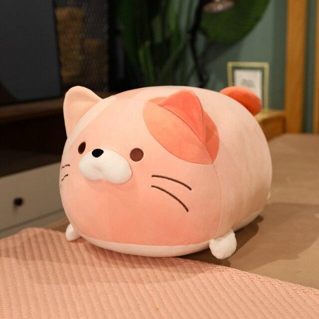 Adorable peach chubby kawaii cat plush toy; soft PP cotton filling, hypoallergenic, machine washable. Perfect gift!
