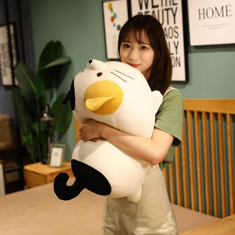 Kawaii chubby cat plush toy, white with black tail, yellow beak, soft PP cotton filling.  Hypoallergenic and machine washable. Perfect gift!