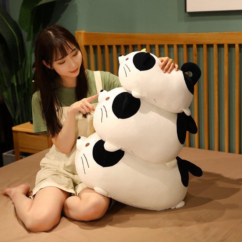 Stack of three chubby kawaii cat plushies; black & white, soft PP cotton filling, hypoallergenic.