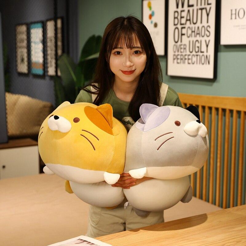 Adorable chubby kawaii cat plushies, soft PP cotton filling, hypoallergenic, yellow & grey, perfect gift.