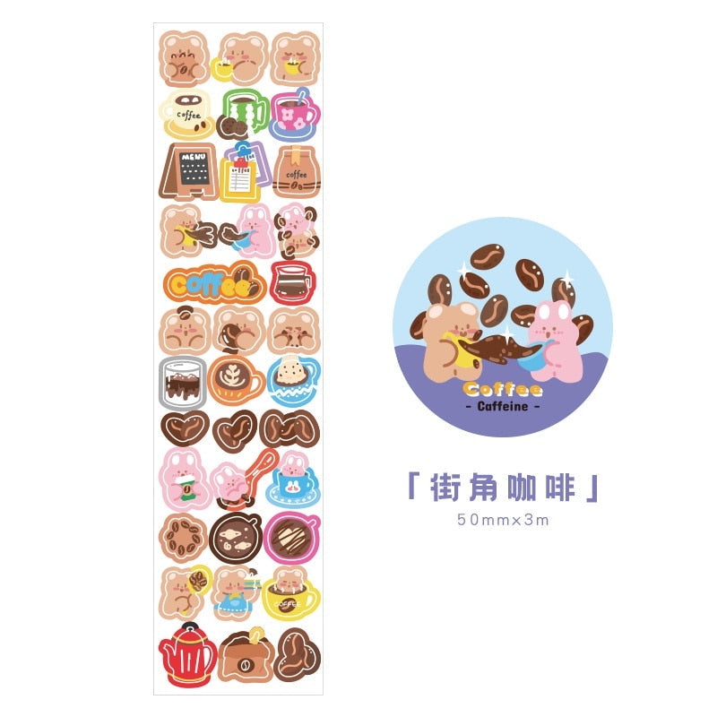 Adorable kawaii coffee-themed stickers; 1 roll of art paper stickers featuring cute bears, coffee cups, and beans; perfect for journaling.