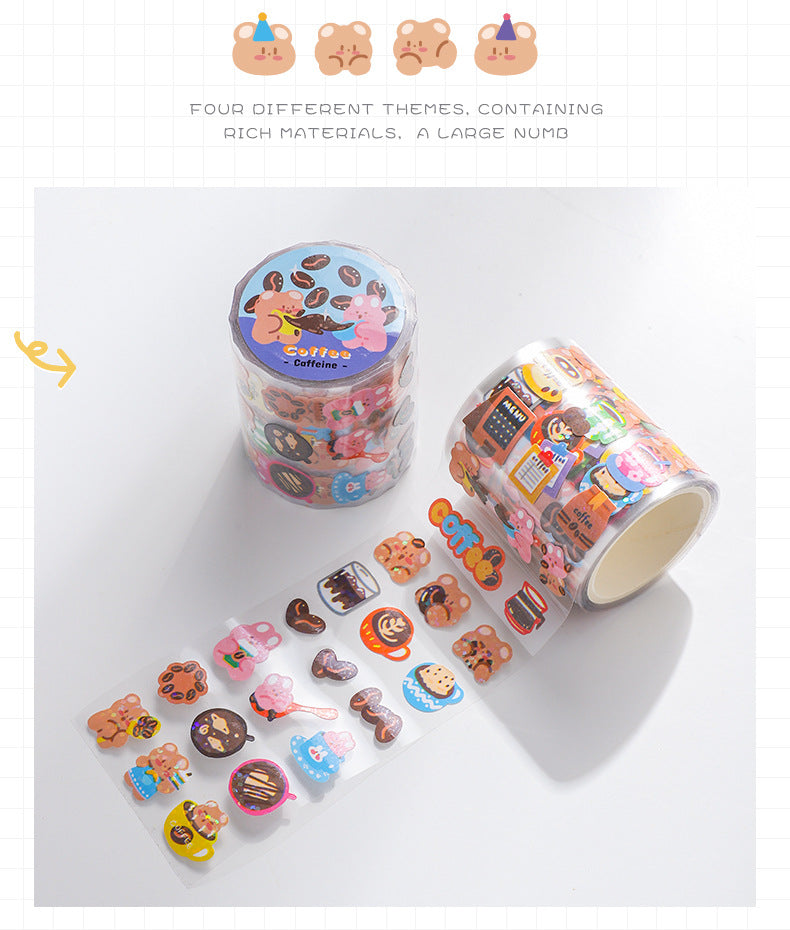 Cute kawaii coffee-themed bear washi stickers; 1 roll of art paper stickers featuring irregular shapes, perfect for journaling and decoration.