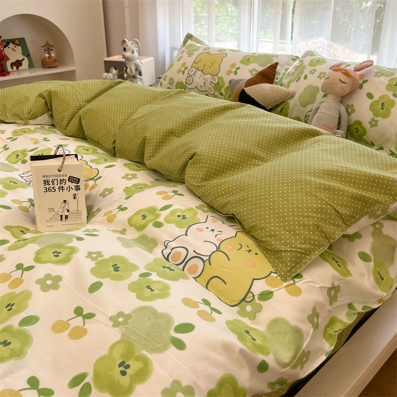 Kawaii cottagecore bedding set; green floral print, cute animal design, polyester, duvet cover, fitted sheet, pillowcases.