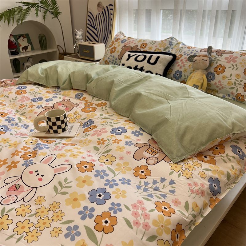 Kawaii cottagecore floral bedding set in pastel colors. Features cute bunny and bear prints on soft 100% polyester fabric. Twin, full, queen, and king sizes available.