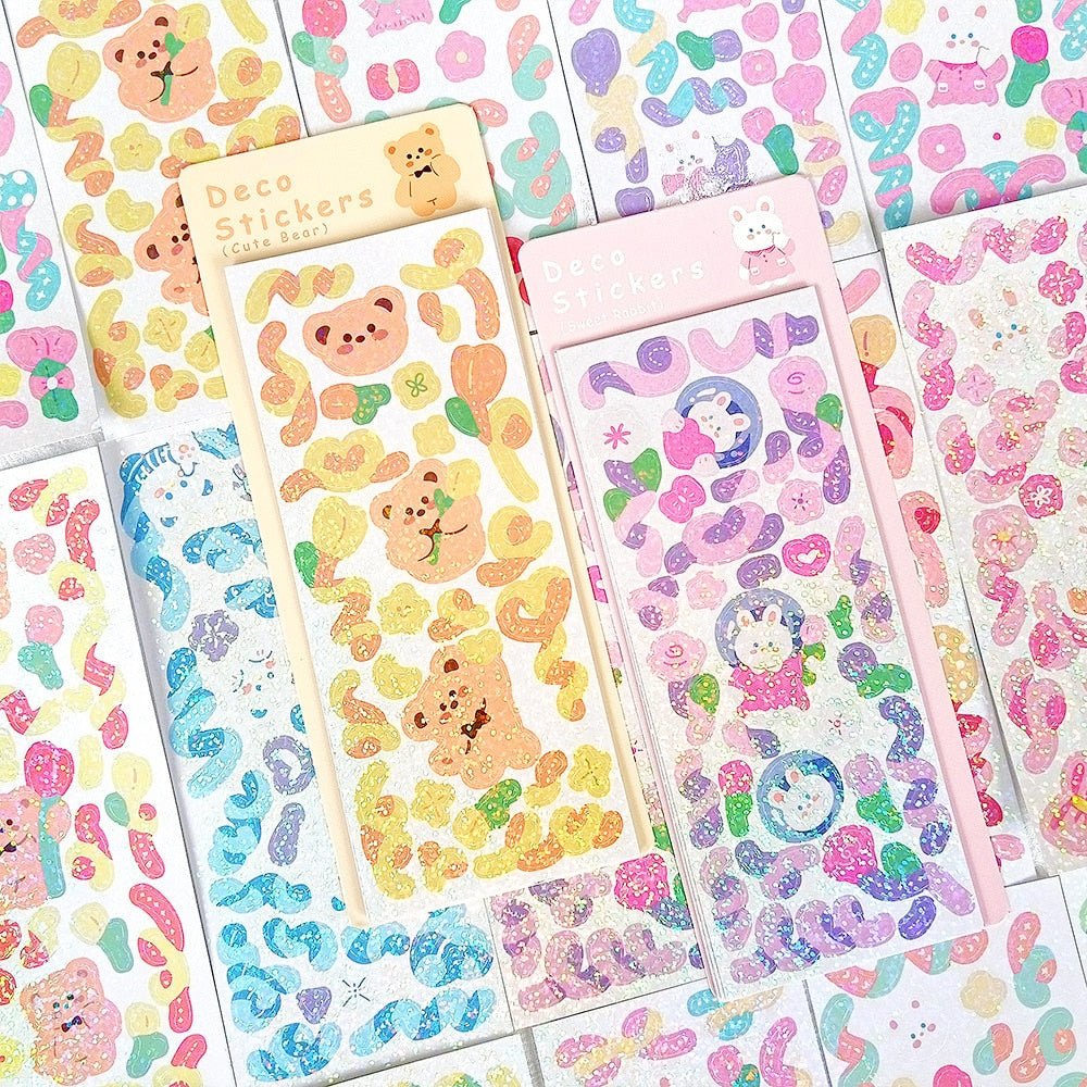12 sheets of kawaii cute shiny laser ribbon deco stickers; small, paper material, bears & rabbits, 6+ ages.