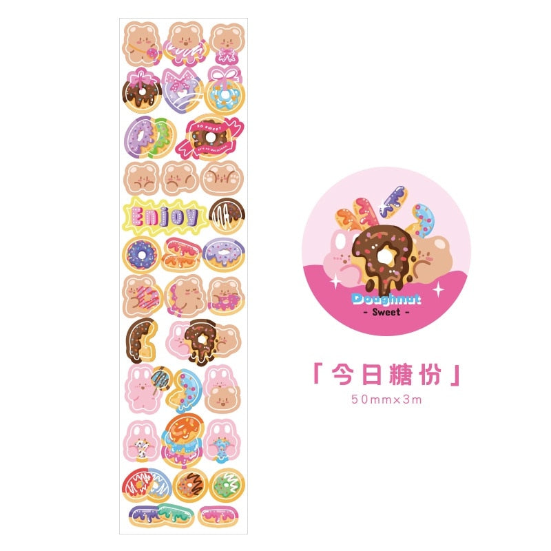Cute kawaii donut and animal washi stickers; 1 roll of art paper stickers; 50mm x 3m; for journaling & decoration.