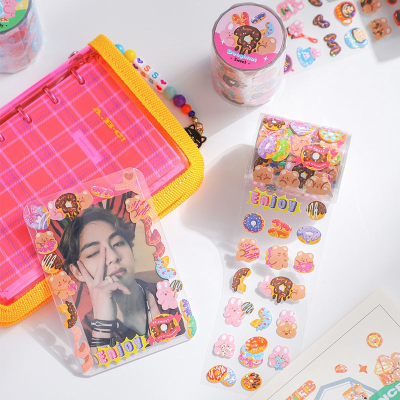 Cute kawaii donut and bear art paper stickers; 1 roll of assorted designs; perfect for journaling and decoration.