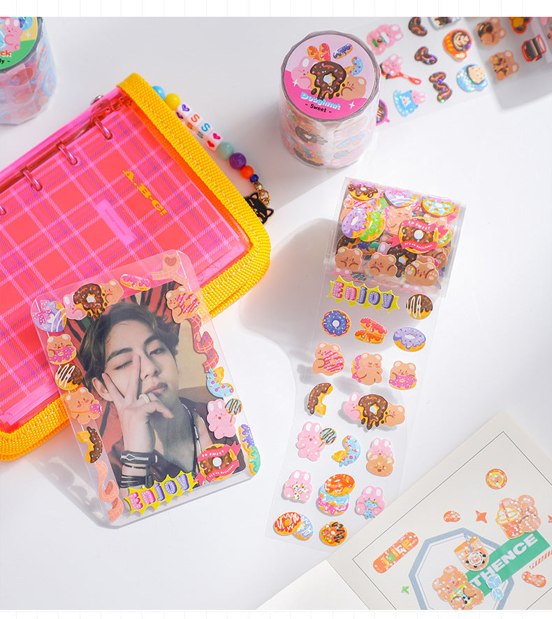Kawaii donut and bear-themed washi stickers; 1 roll of art paper stickers for decoration; cute cartoon animal designs.