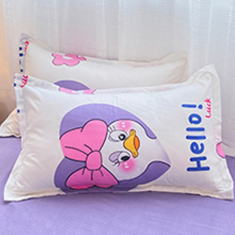 Kawaii purple duck and brown bear bedding set.  Soft polyester microfiber, reversible design, includes duvet cover, flat sheet & pillowcases.