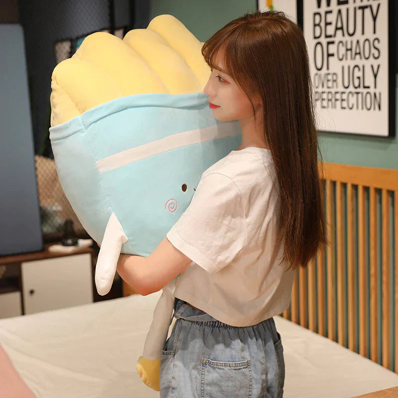 Cute blue and yellow French fries plush toy, filled with PP cotton, perfect for cuddling.  Multiple sizes available.