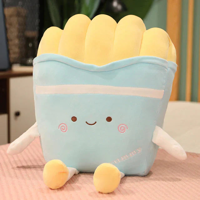 Cute light-blue French fries plush toy, filled with PP cotton, features a smiling face and small arms & legs.  Perfect for cuddling!