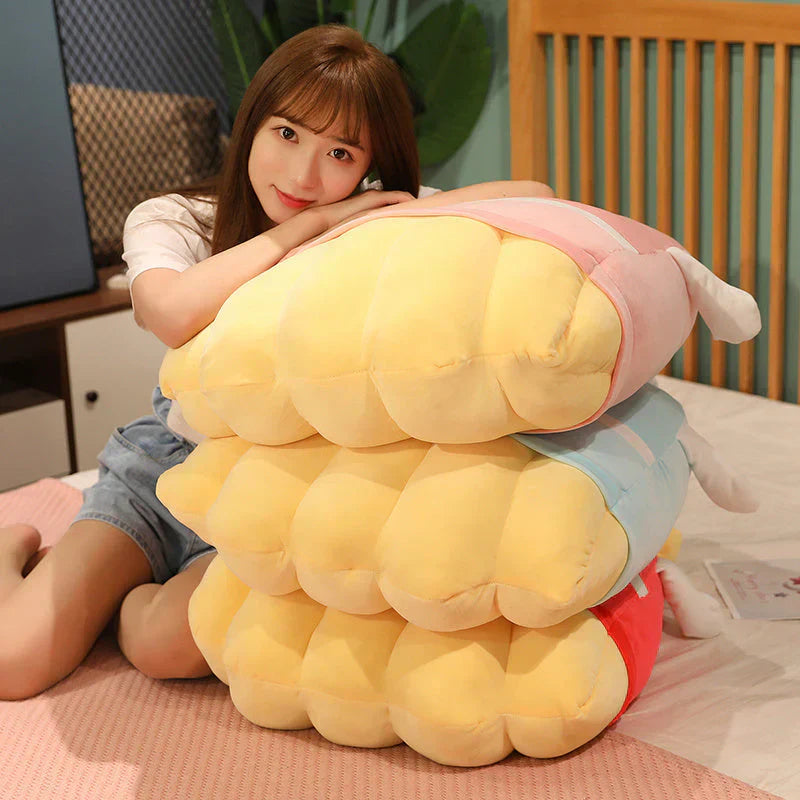 Soft plush French fries toy, available in pink, blue & yellow, filled with PP cotton, perfect for cuddling & relaxation.