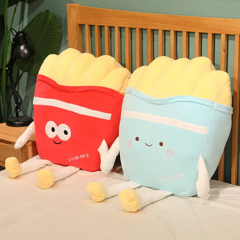 Kawaii French Fries plush toy set; red & blue, PP cotton filled, comfy huggable pillows.