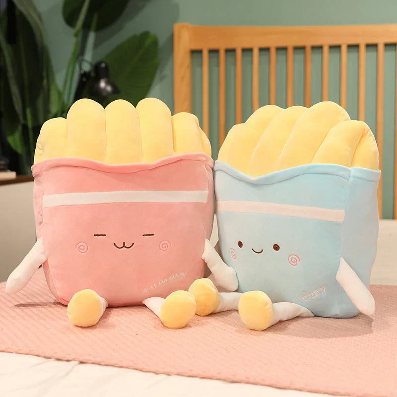 Kawaii French fries plush toy set; pink & blue, soft PP cotton filling, cute faces, relaxing comfort.