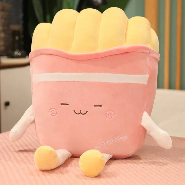 Cute pink French fries plush toy, filled with PP cotton, perfect for cuddling.  Features adorable face and small arms & legs.
