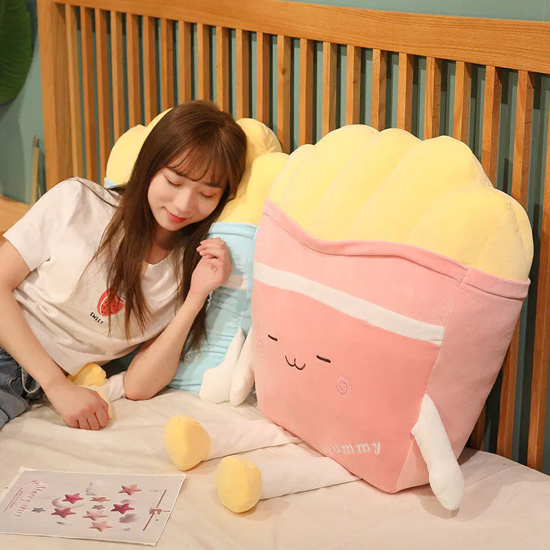 Kawaii French fries plush toy; pink, yellow, soft PP cotton; huggable, relaxing; three sizes.