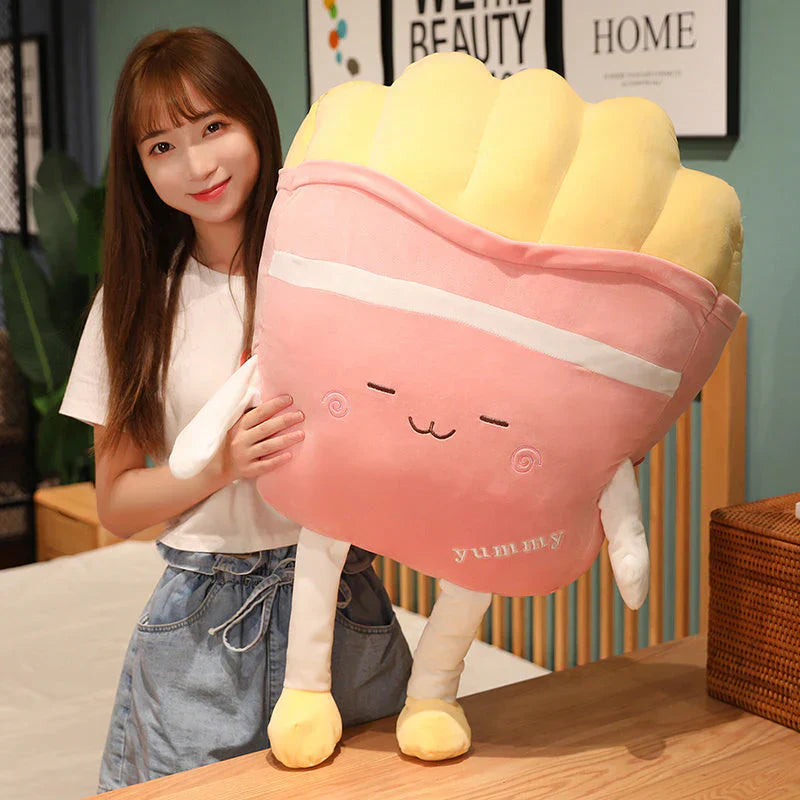 Cute pink and yellow French fries plush toy; soft PP cotton filling; kawaii design; perfect gift.