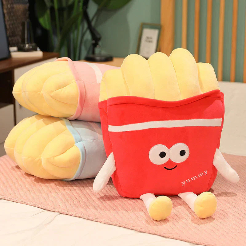 Cute red french fries plush toy with yellow fries, soft PP cotton filling, and yummy face.  Perfect for cuddling!