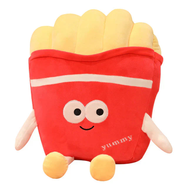 Cute red French fries plush toy, filled with PP cotton, features a smiling face and yummy text.  Available in multiple sizes.