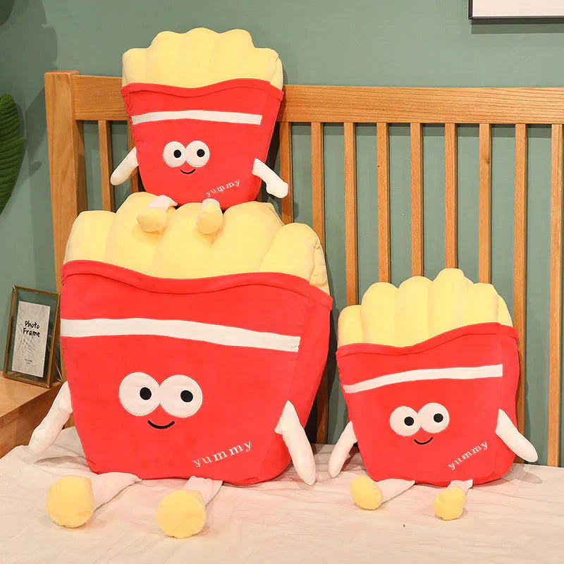 Set of three kawaii french fries plush toys in red and yellow; soft PP cotton filling; various sizes.
