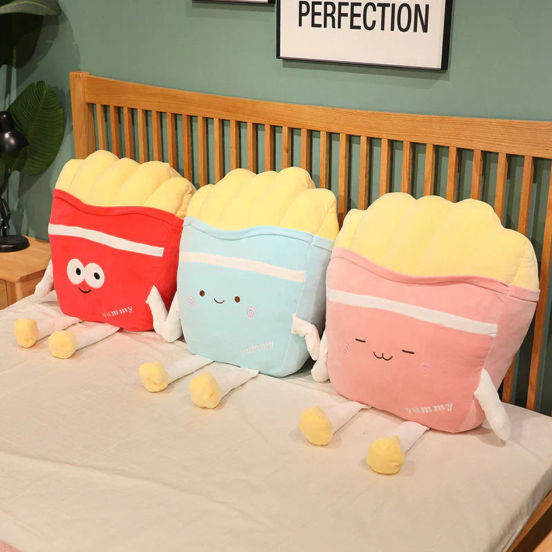 Cute kawaii french fries plush toy pillows; red, blue, pink; soft PP cotton filling; comfy & huggable.