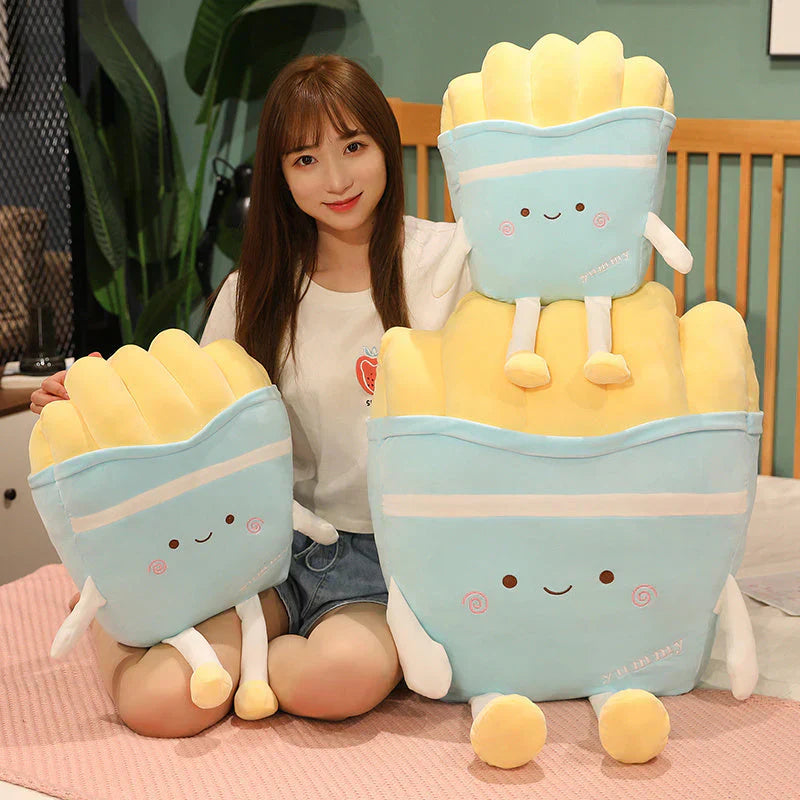 Cute kawaii french fries plush toy; soft PP cotton filling; light blue & yellow; multiple sizes; perfect gift.