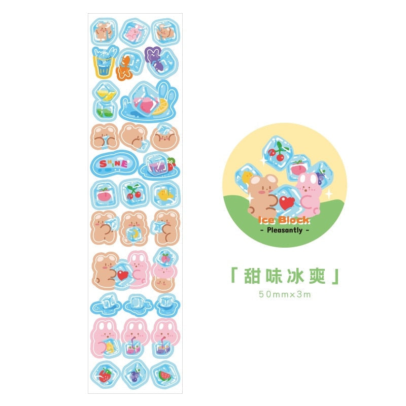 Cute kawaii animal ice block washi stickers; 1 roll of art paper stickers featuring bears, bunnies, and fruit; perfect for journaling.